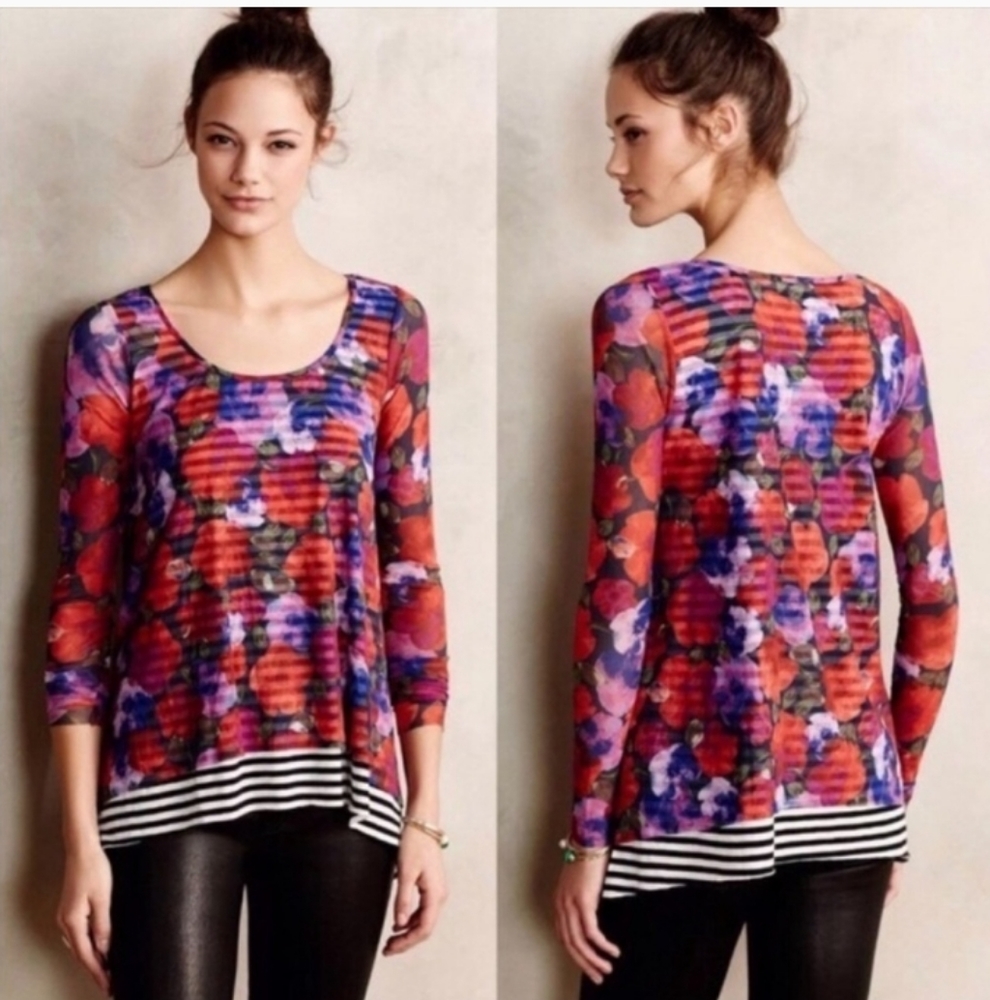 Anthro Weston Garden Row Mesh Floral Blouse